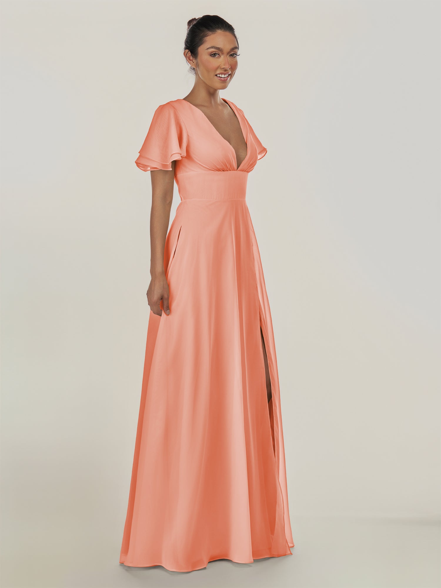 KissDress-Nira Rosette A Line Chiffon Cap Sleeves V Neck Long Bridesmaid Dress with Slit