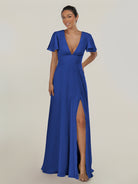 KissDress-Nira Royal Blue A Line Chiffon Cap Sleeves V Neck Long Bridesmaid Dress with Slit