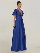KissDress-Nira Royal Blue A Line Chiffon Cap Sleeves V Neck Long Bridesmaid Dress with Slit