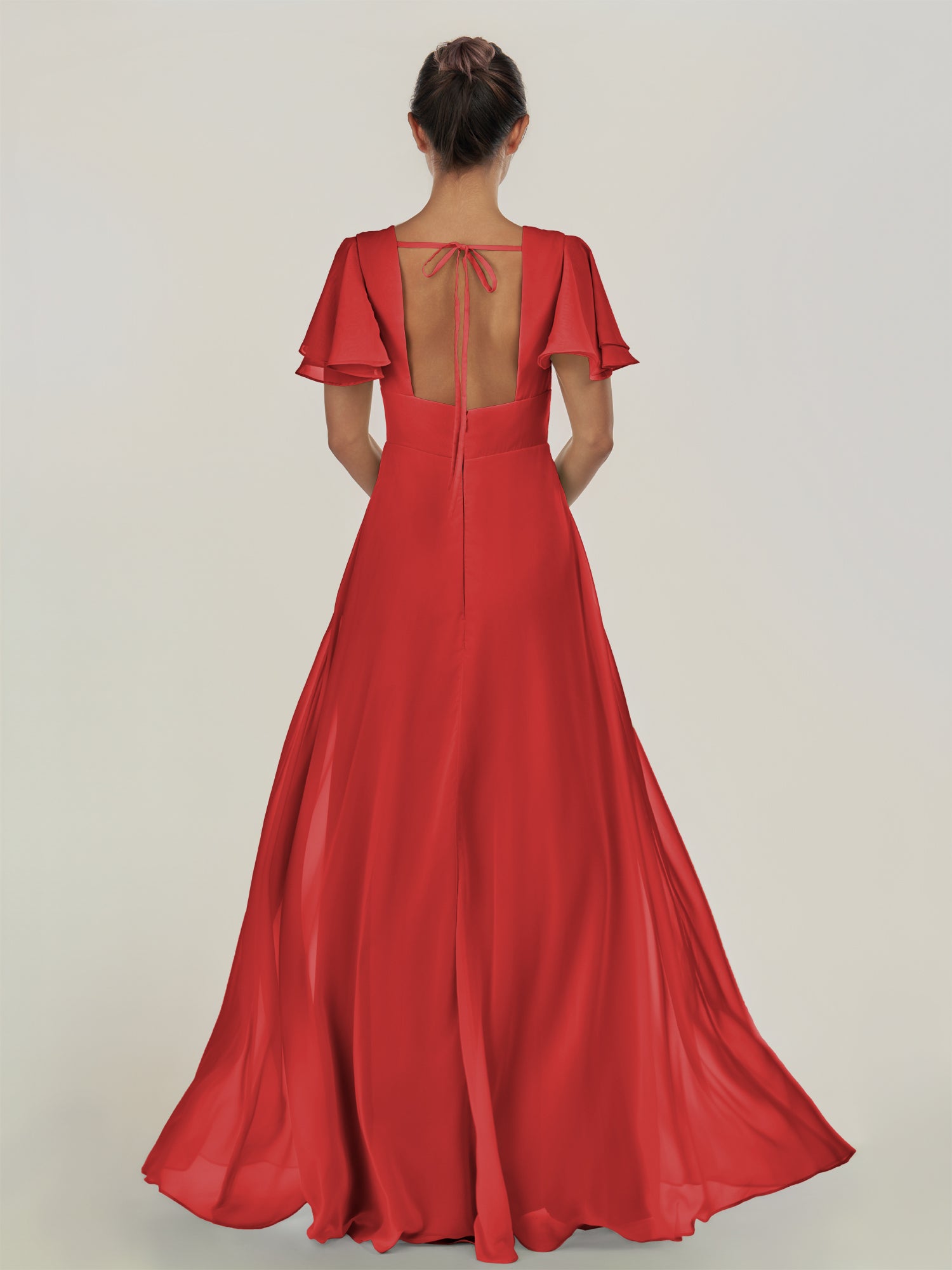 KissDress-Nira Ruby Red A Line Chiffon Cap Sleeves V Neck Long Bridesmaid Dress with Slit