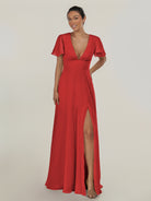 KissDress-Nira Ruby Red A Line Chiffon Cap Sleeves V Neck Long Bridesmaid Dress with Slit