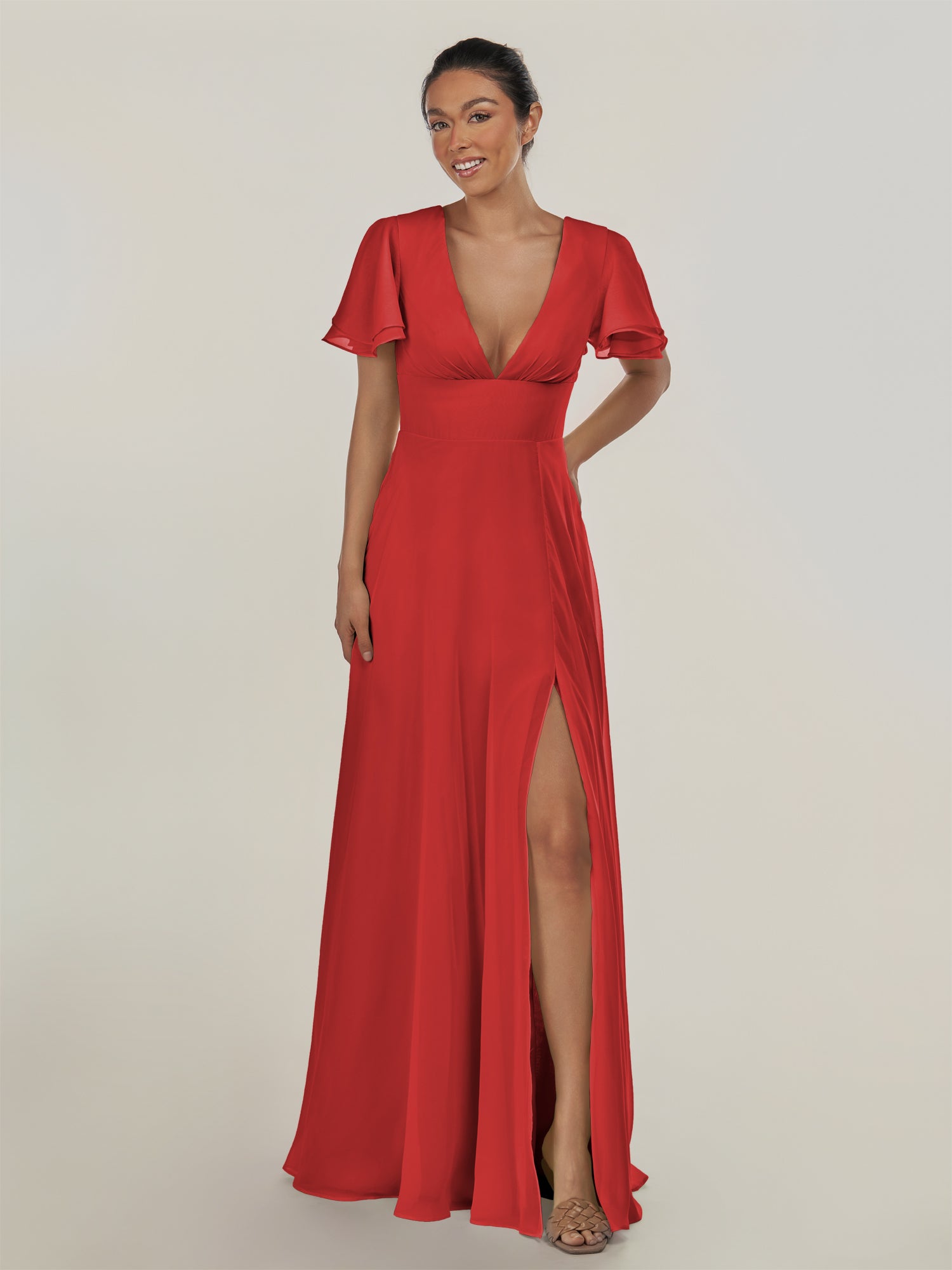 KissDress-Nira Ruby Red A Line Chiffon Cap Sleeves V Neck Long Bridesmaid Dress with Slit