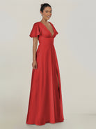 KissDress-Nira Ruby Red A Line Chiffon Cap Sleeves V Neck Long Bridesmaid Dress with Slit
