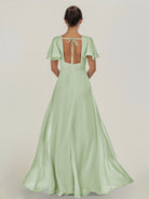 KissDress-Nira Sage A Line Chiffon Cap Sleeves V Neck Long Bridesmaid Dress with Slit