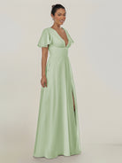 KissDress-Nira Sage A Line Chiffon Cap Sleeves V Neck Long Bridesmaid Dress with Slit
