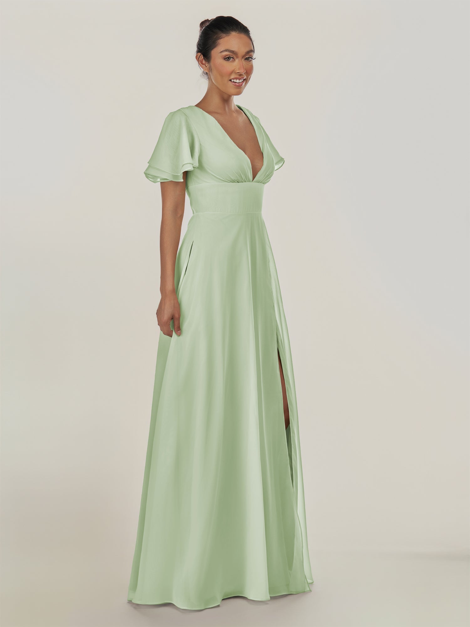 KissDress-Nira Sage A Line Chiffon Cap Sleeves V Neck Long Bridesmaid Dress with Slit