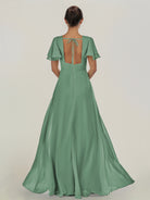 KissDress-Nira Sea Glass A Line Chiffon Cap Sleeves V Neck Long Bridesmaid Dress with Slit