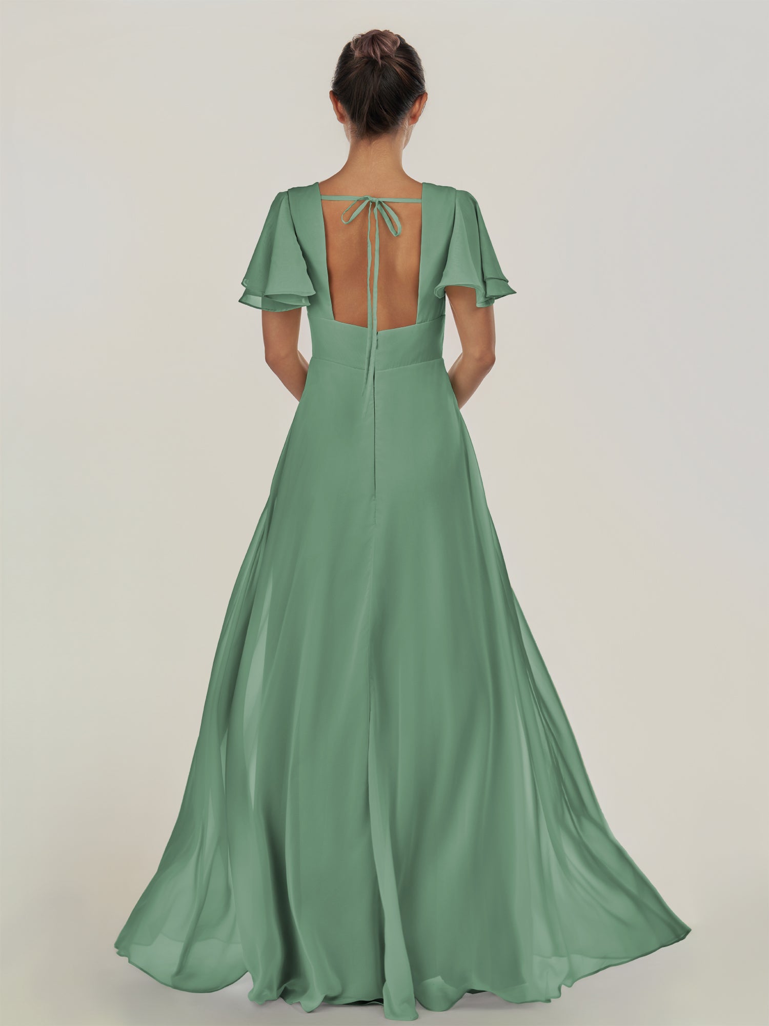 KissDress-Nira Sea Glass A Line Chiffon Cap Sleeves V Neck Long Bridesmaid Dress with Slit