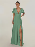KissDress-Nira Sea Glass A Line Chiffon Cap Sleeves V Neck Long Bridesmaid Dress with Slit