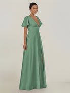 KissDress-Nira Sea Glass A Line Chiffon Cap Sleeves V Neck Long Bridesmaid Dress with Slit