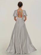KissDress-Nira Silver A Line Chiffon Cap Sleeves V Neck Long Bridesmaid Dress with Slit