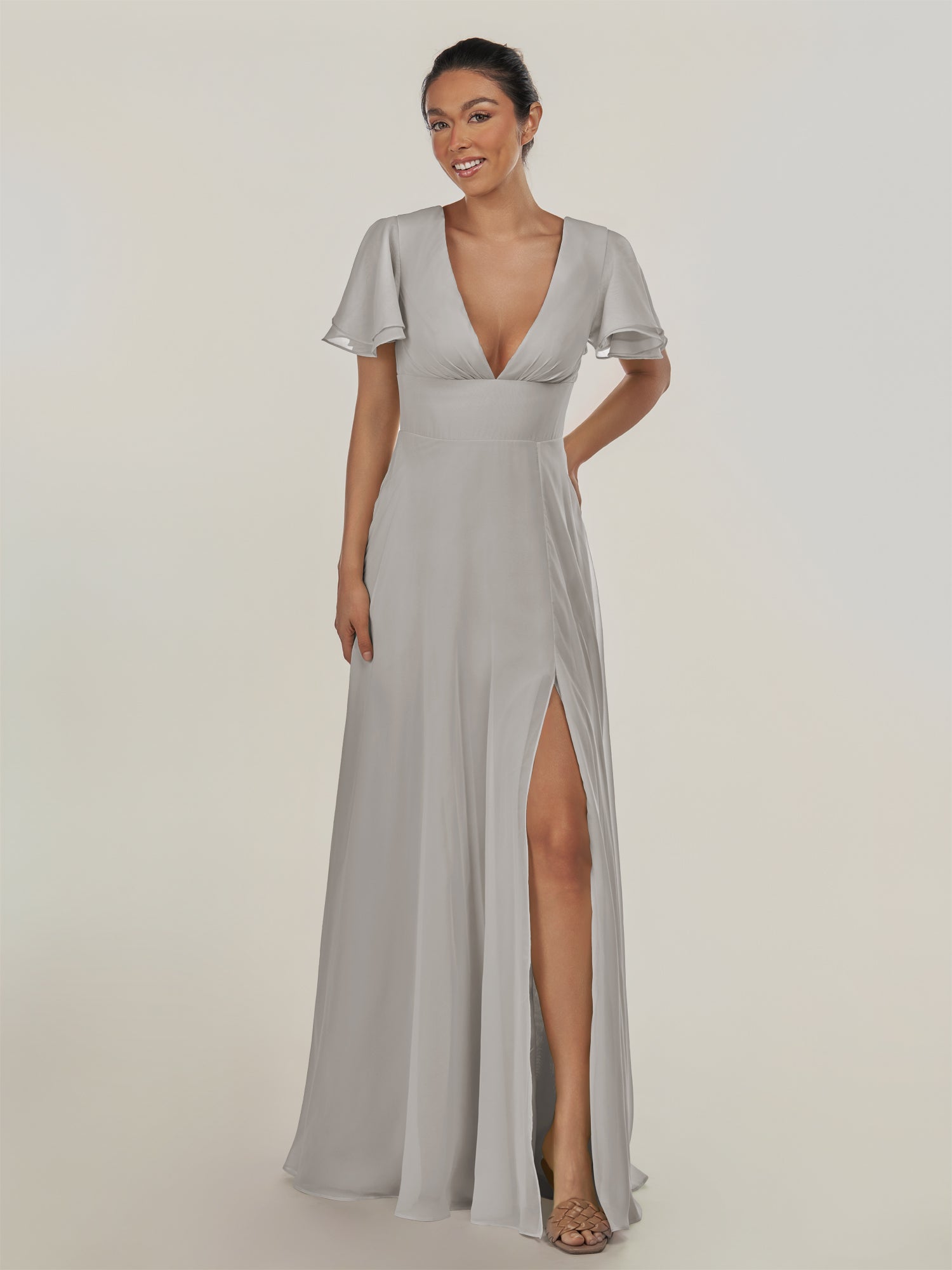 KissDress-Nira Silver A Line Chiffon Cap Sleeves V Neck Long Bridesmaid Dress with Slit