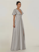 KissDress-Nira Silver A Line Chiffon Cap Sleeves V Neck Long Bridesmaid Dress with Slit
