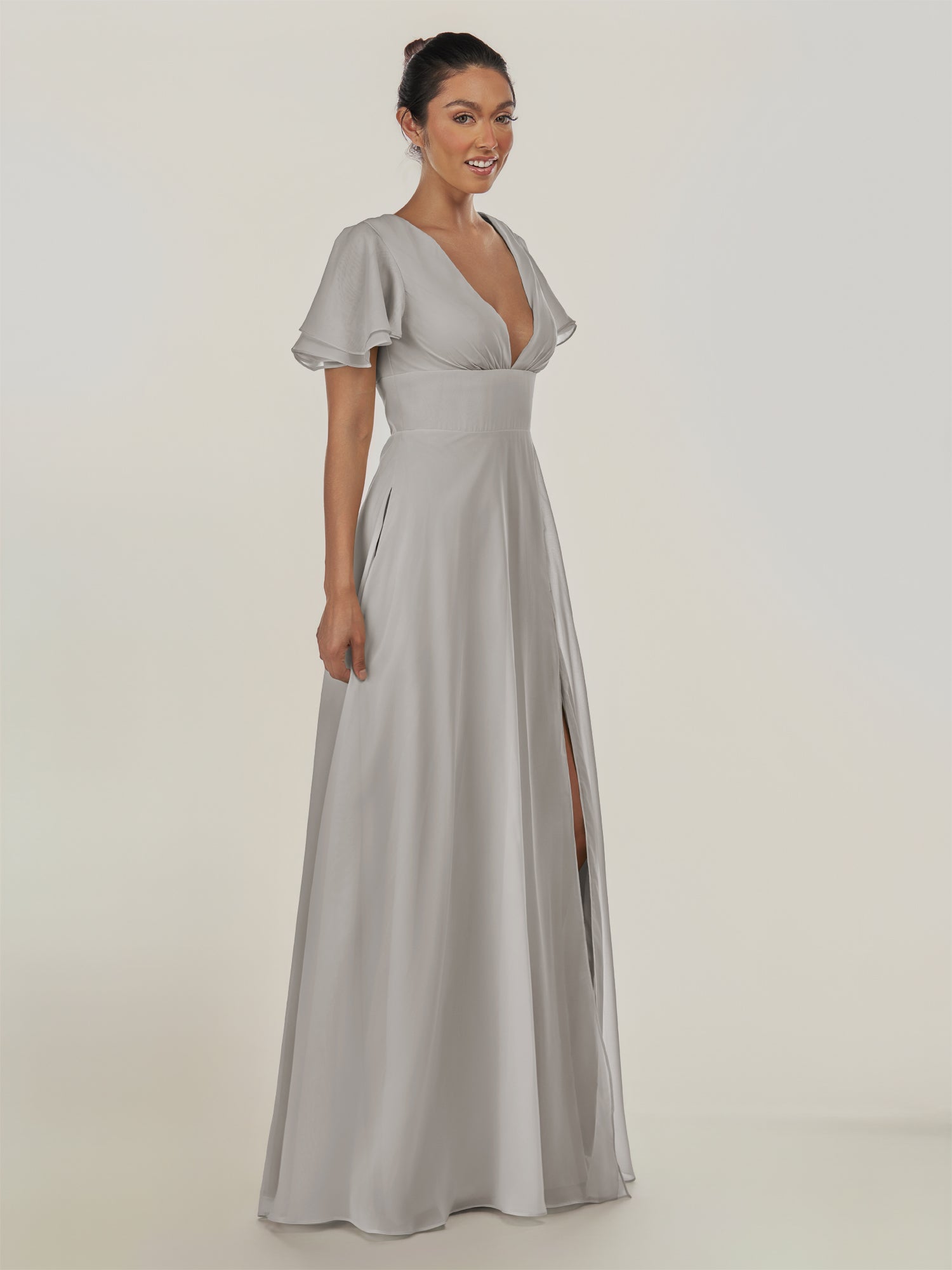 KissDress-Nira Silver A Line Chiffon Cap Sleeves V Neck Long Bridesmaid Dress with Slit
