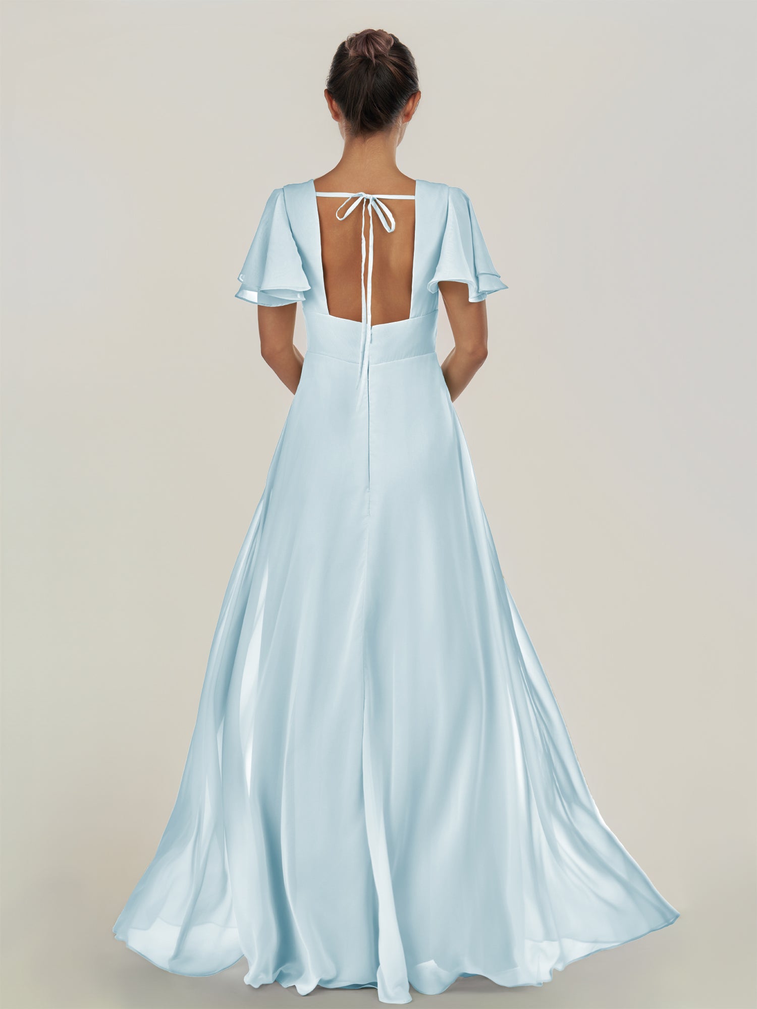 KissDress-Nira Sky Blue A Line Chiffon Cap Sleeves V Neck Long Bridesmaid Dress with Slit
