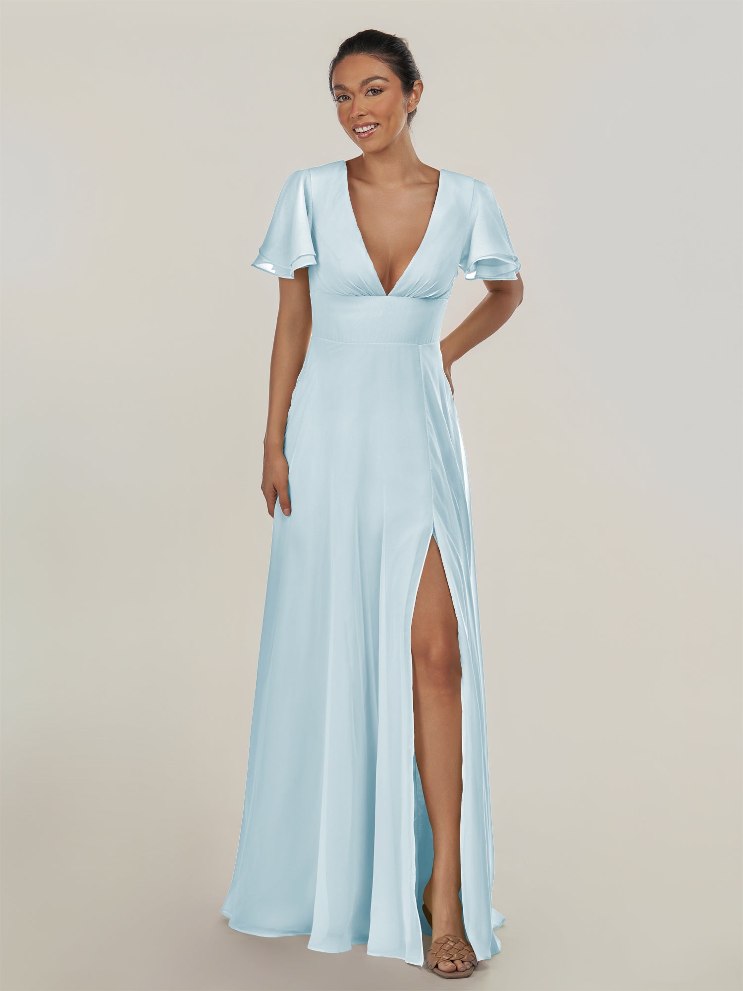 KissDress-Nira Sky Blue A Line Chiffon Cap Sleeves V Neck Long Bridesmaid Dress with Slit