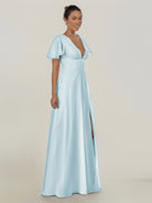 KissDress-Nira Sky Blue A Line Chiffon Cap Sleeves V Neck Long Bridesmaid Dress with Slit