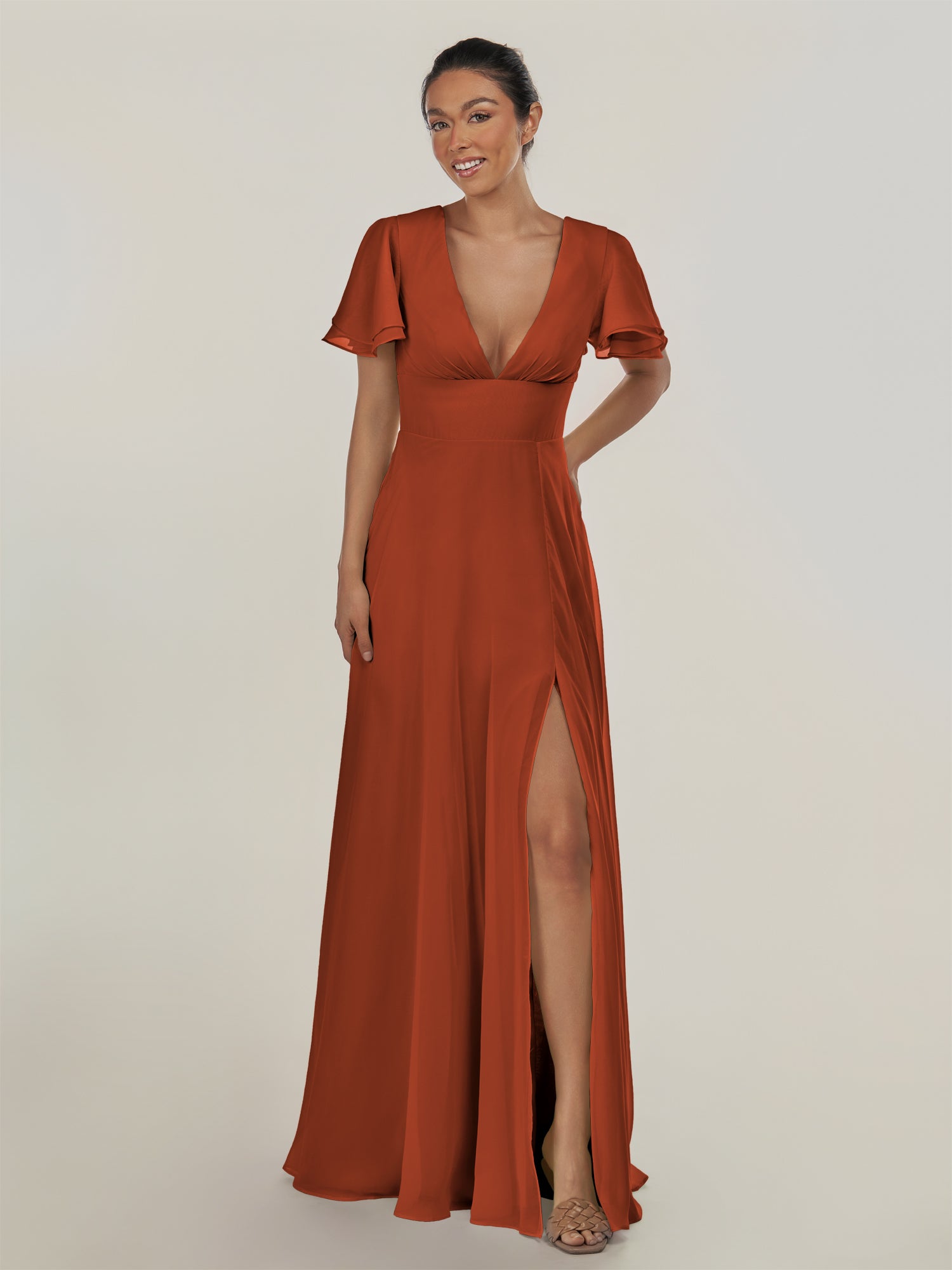 KissDress-Nira Spice A Line Chiffon Cap Sleeves V Neck Long Bridesmaid Dress with Slit