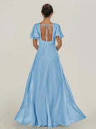KissDress-Nira Steel Blue A Line Chiffon Cap Sleeves V Neck Long Bridesmaid Dress with Slit