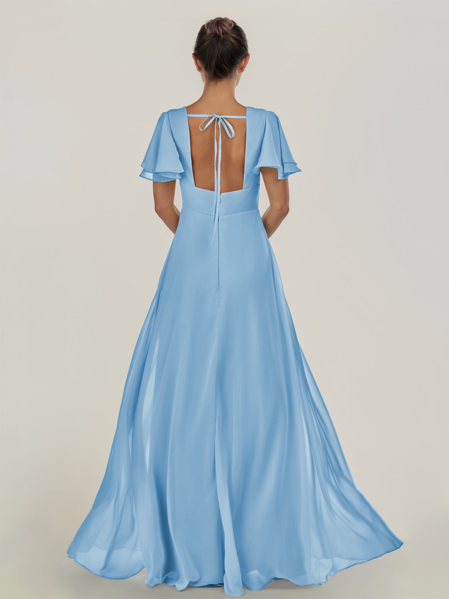 KissDress-Nira Steel Blue A Line Chiffon Cap Sleeves V Neck Long Bridesmaid Dress with Slit