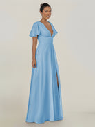 KissDress-Nira Steel Blue A Line Chiffon Cap Sleeves V Neck Long Bridesmaid Dress with Slit