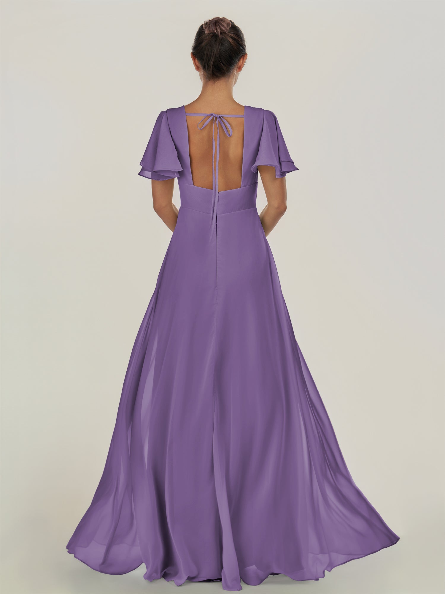 KissDress-Nira Tahiti A Line Chiffon Cap Sleeves V Neck Long Bridesmaid Dress with Slit