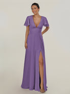 KissDress-Nira Tahiti A Line Chiffon Cap Sleeves V Neck Long Bridesmaid Dress with Slit