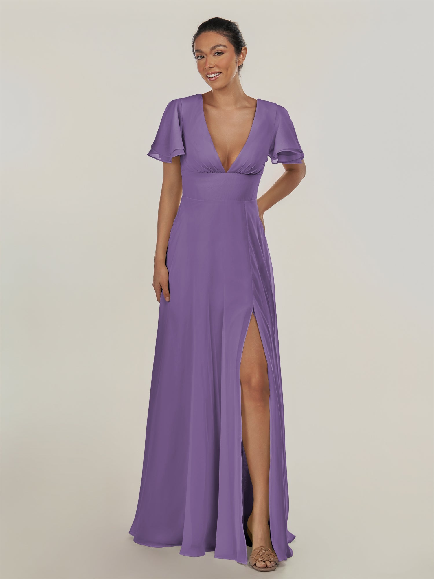 KissDress-Nira Tahiti A Line Chiffon Cap Sleeves V Neck Long Bridesmaid Dress with Slit