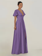 KissDress-Nira Tahiti A Line Chiffon Cap Sleeves V Neck Long Bridesmaid Dress with Slit
