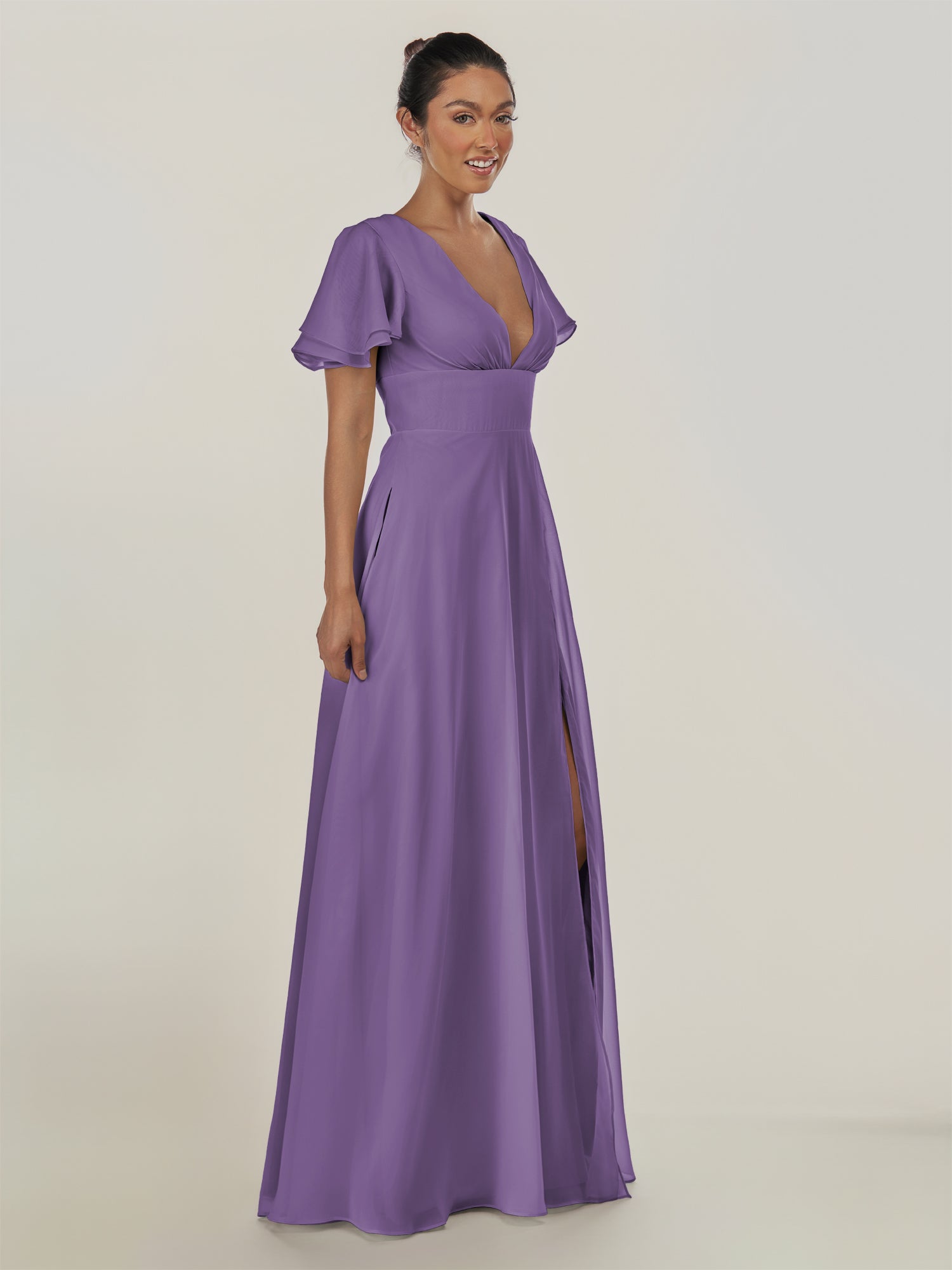 KissDress-Nira Tahiti A Line Chiffon Cap Sleeves V Neck Long Bridesmaid Dress with Slit