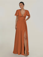 KissDress-Nira Terracotta A Line Chiffon Cap Sleeves V Neck Long Bridesmaid Dress with Slit