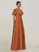 KissDress-Nira Terracotta A Line Chiffon Cap Sleeves V Neck Long Bridesmaid Dress with Slit