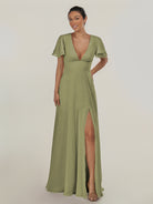 KissDress-Nira Thyme A Line Chiffon Cap Sleeves V Neck Long Bridesmaid Dress with Slit