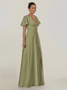KissDress-Nira Thyme A Line Chiffon Cap Sleeves V Neck Long Bridesmaid Dress with Slit