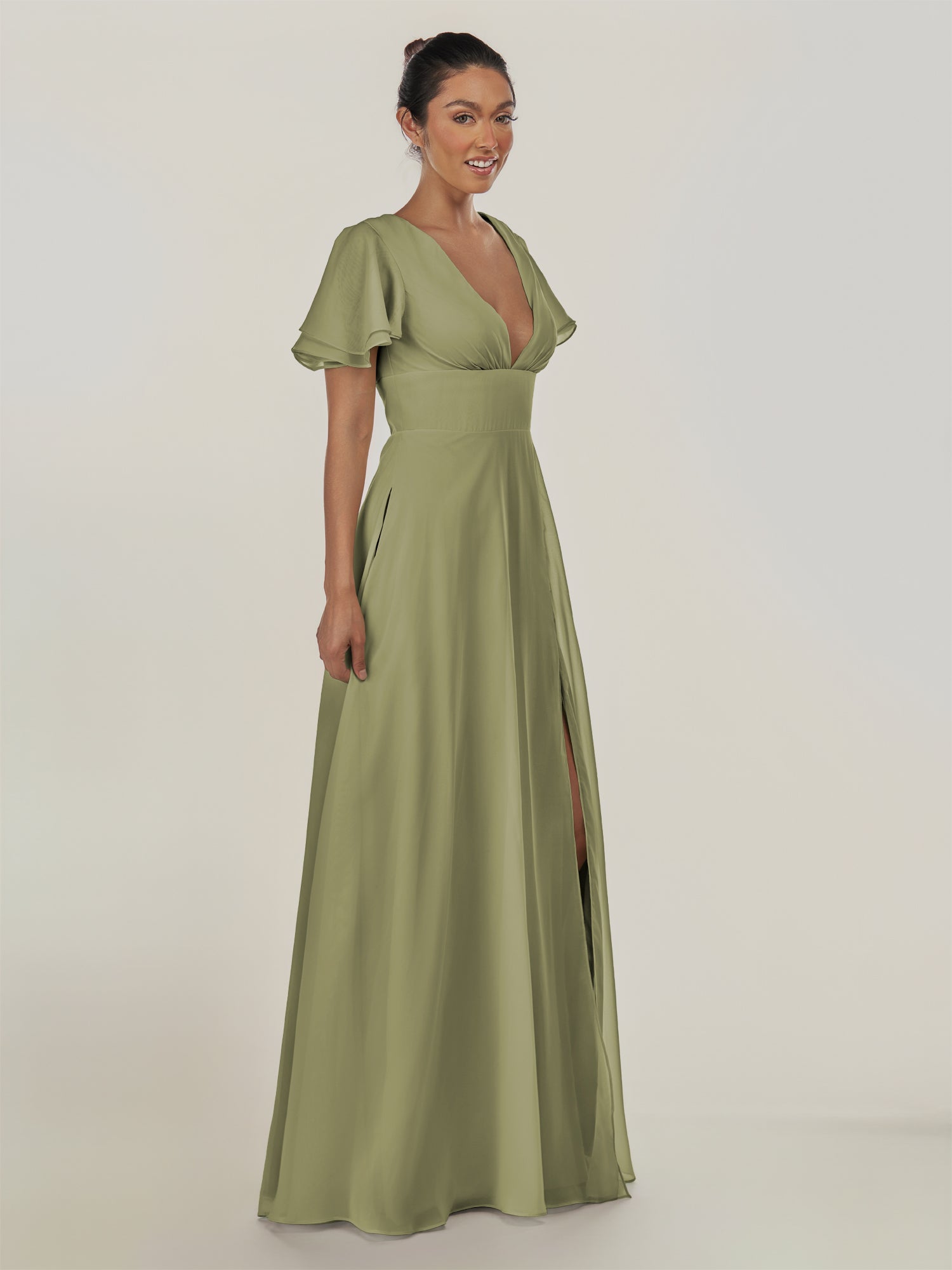 KissDress-Nira Thyme A Line Chiffon Cap Sleeves V Neck Long Bridesmaid Dress with Slit