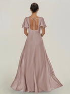 KissDress-Nira Toffee A Line Chiffon Cap Sleeves V Neck Long Bridesmaid Dress with Slit