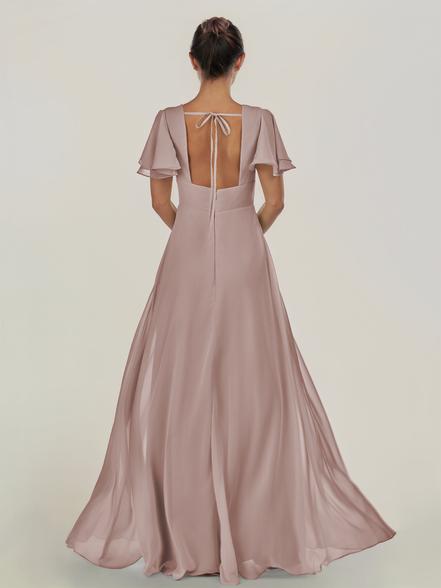 KissDress-Nira Toffee A Line Chiffon Cap Sleeves V Neck Long Bridesmaid Dress with Slit