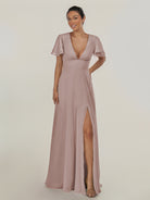 KissDress-Nira Toffee A Line Chiffon Cap Sleeves V Neck Long Bridesmaid Dress with Slit