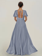 KissDress-Nira Twilight A Line Chiffon Cap Sleeves V Neck Long Bridesmaid Dress with Slit