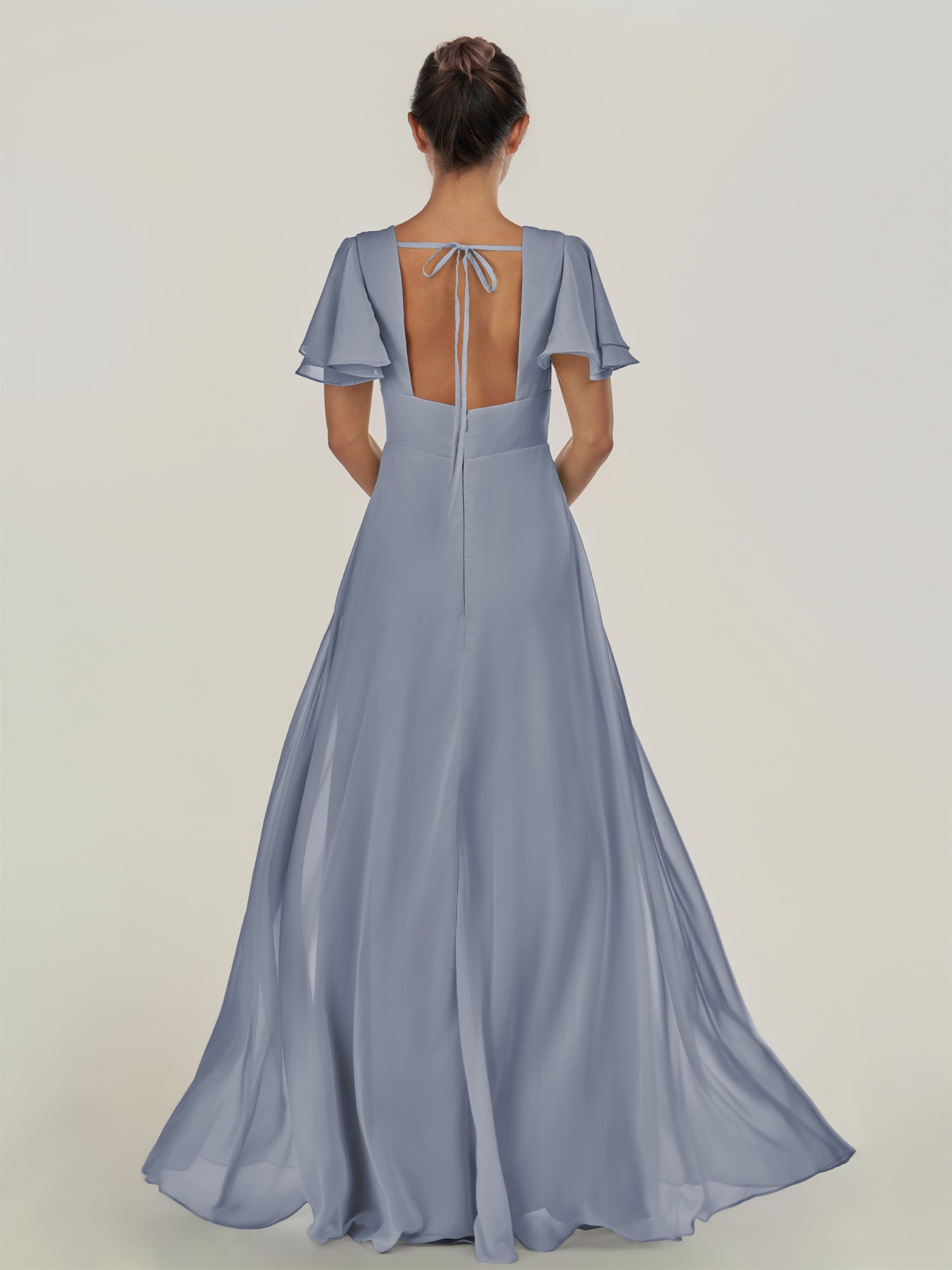 KissDress-Nira Twilight A Line Chiffon Cap Sleeves V Neck Long Bridesmaid Dress with Slit