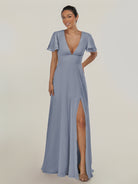 KissDress-Nira Twilight A Line Chiffon Cap Sleeves V Neck Long Bridesmaid Dress with Slit