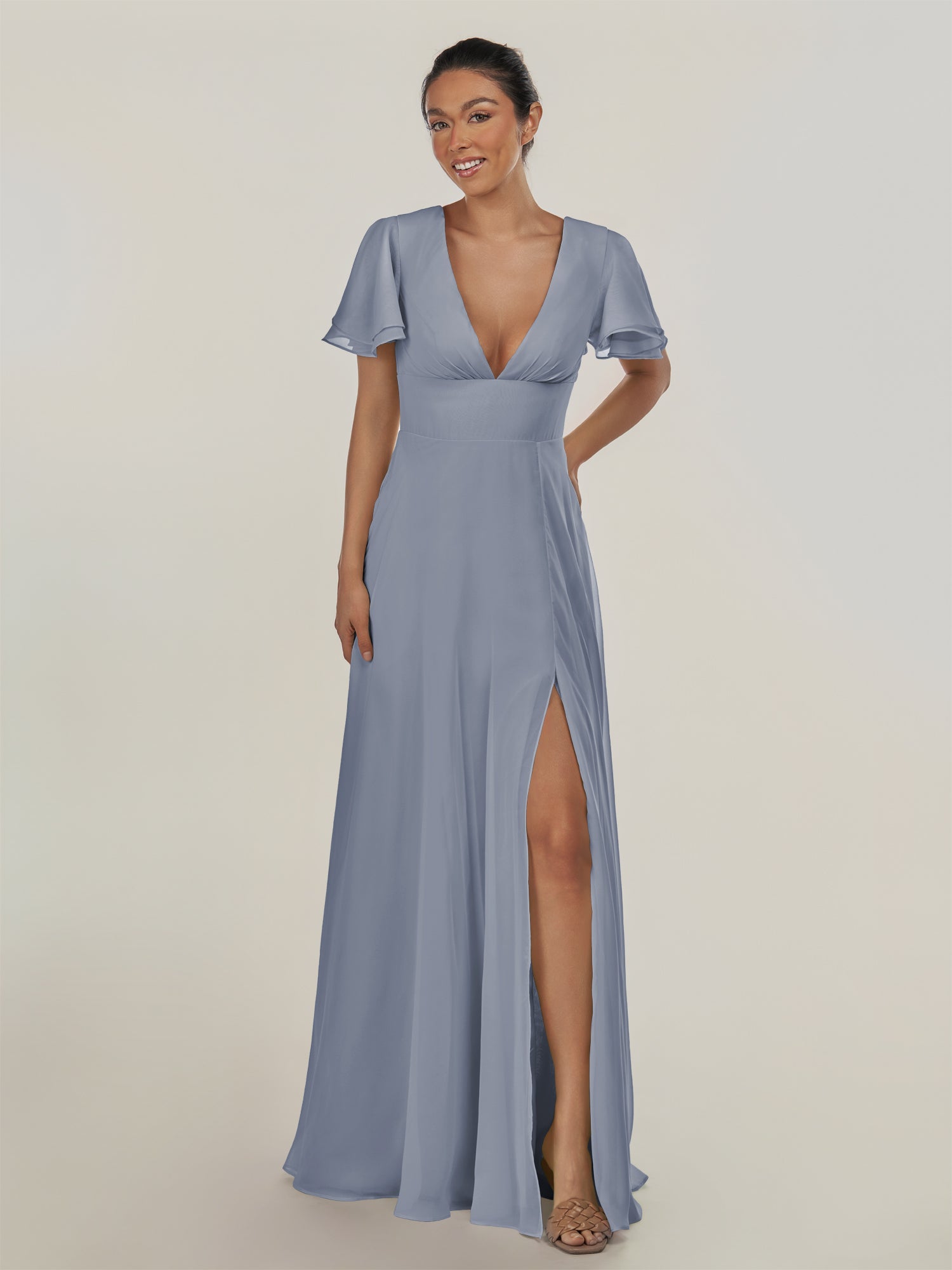 KissDress-Nira Twilight A Line Chiffon Cap Sleeves V Neck Long Bridesmaid Dress with Slit