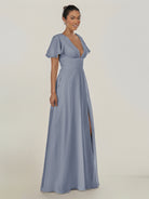 KissDress-Nira Twilight A Line Chiffon Cap Sleeves V Neck Long Bridesmaid Dress with Slit