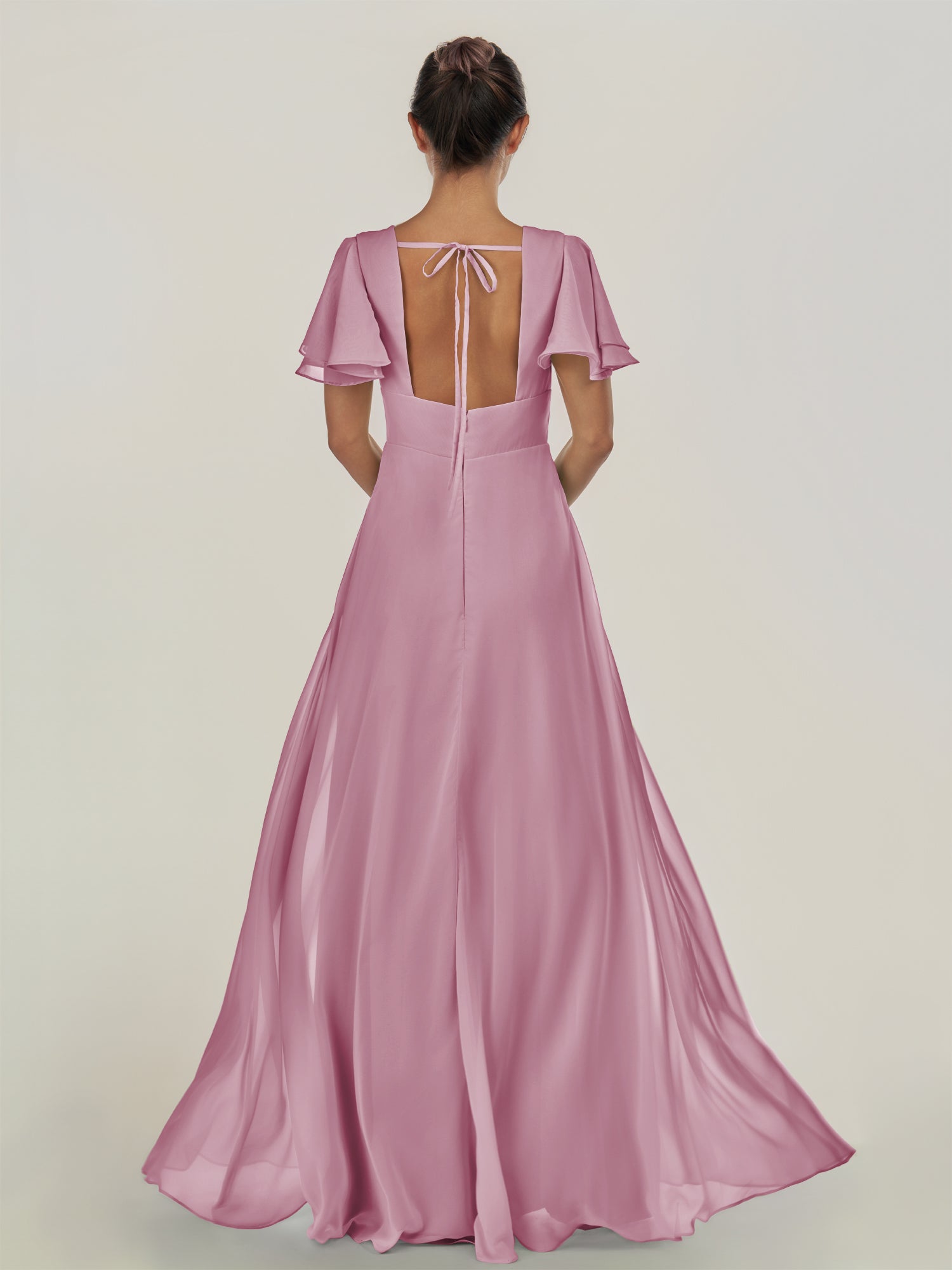 KissDress-Nira Vintage Mauve A Line Chiffon Cap Sleeves V Neck Long Bridesmaid Dress with Slit