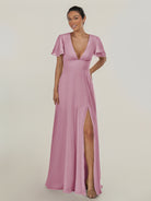 KissDress-Nira Vintage Mauve A Line Chiffon Cap Sleeves V Neck Long Bridesmaid Dress with Slit