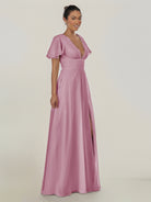 KissDress-Nira Vintage Mauve A Line Chiffon Cap Sleeves V Neck Long Bridesmaid Dress with Slit