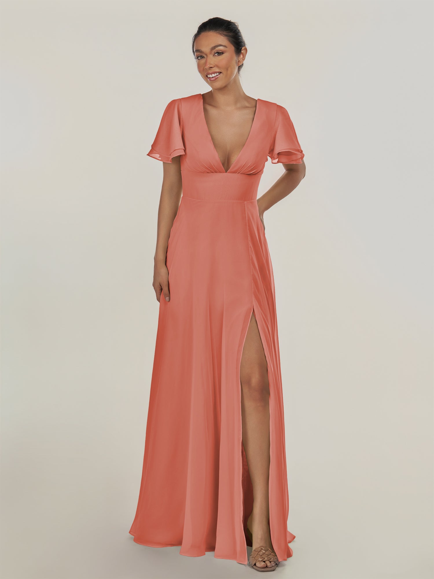 KissDress-Nira Wild Rose A Line Chiffon Cap Sleeves V Neck Long Bridesmaid Dress with Slit