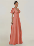 KissDress-Nira Wild Rose A Line Chiffon Cap Sleeves V Neck Long Bridesmaid Dress with Slit