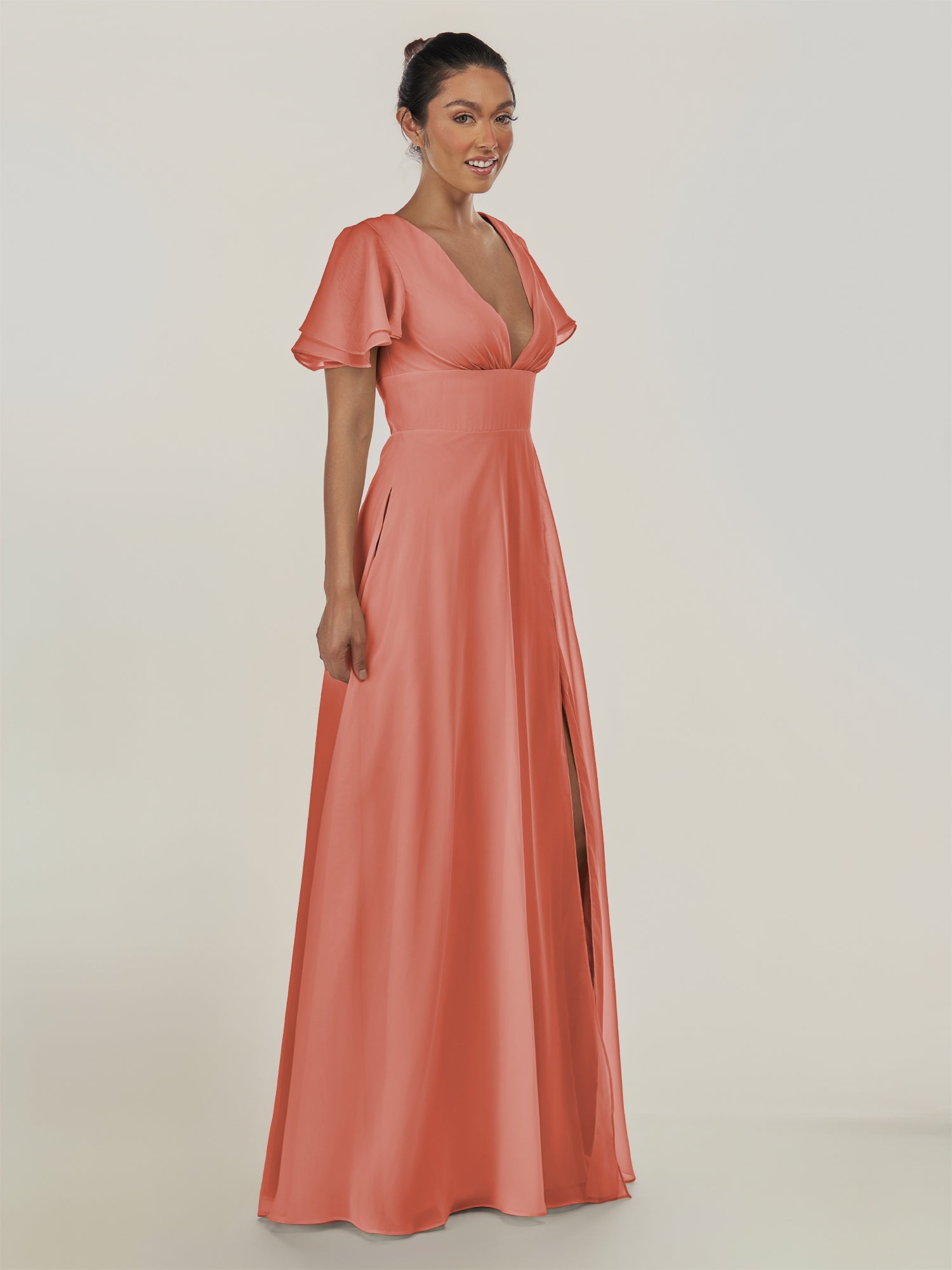 KissDress-Nira Wild Rose A Line Chiffon Cap Sleeves V Neck Long Bridesmaid Dress with Slit