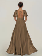 KissDress-Nira Willow Green A Line Chiffon Cap Sleeves V Neck Long Bridesmaid Dress with Slit
